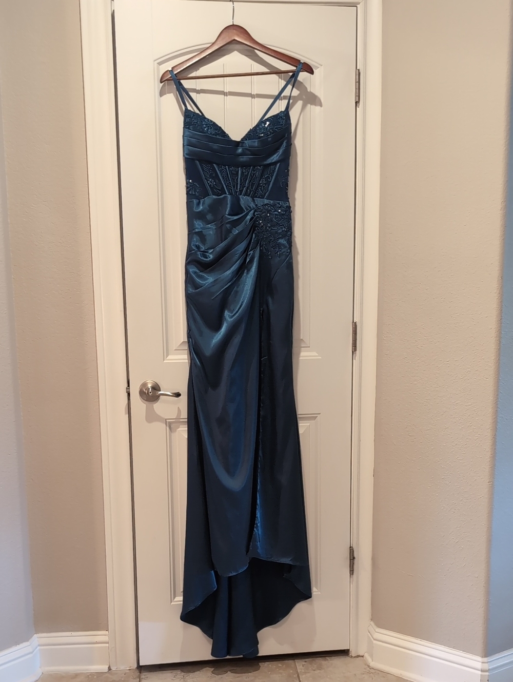 Teal High-Low Satin Evening Dress with Draped Detail